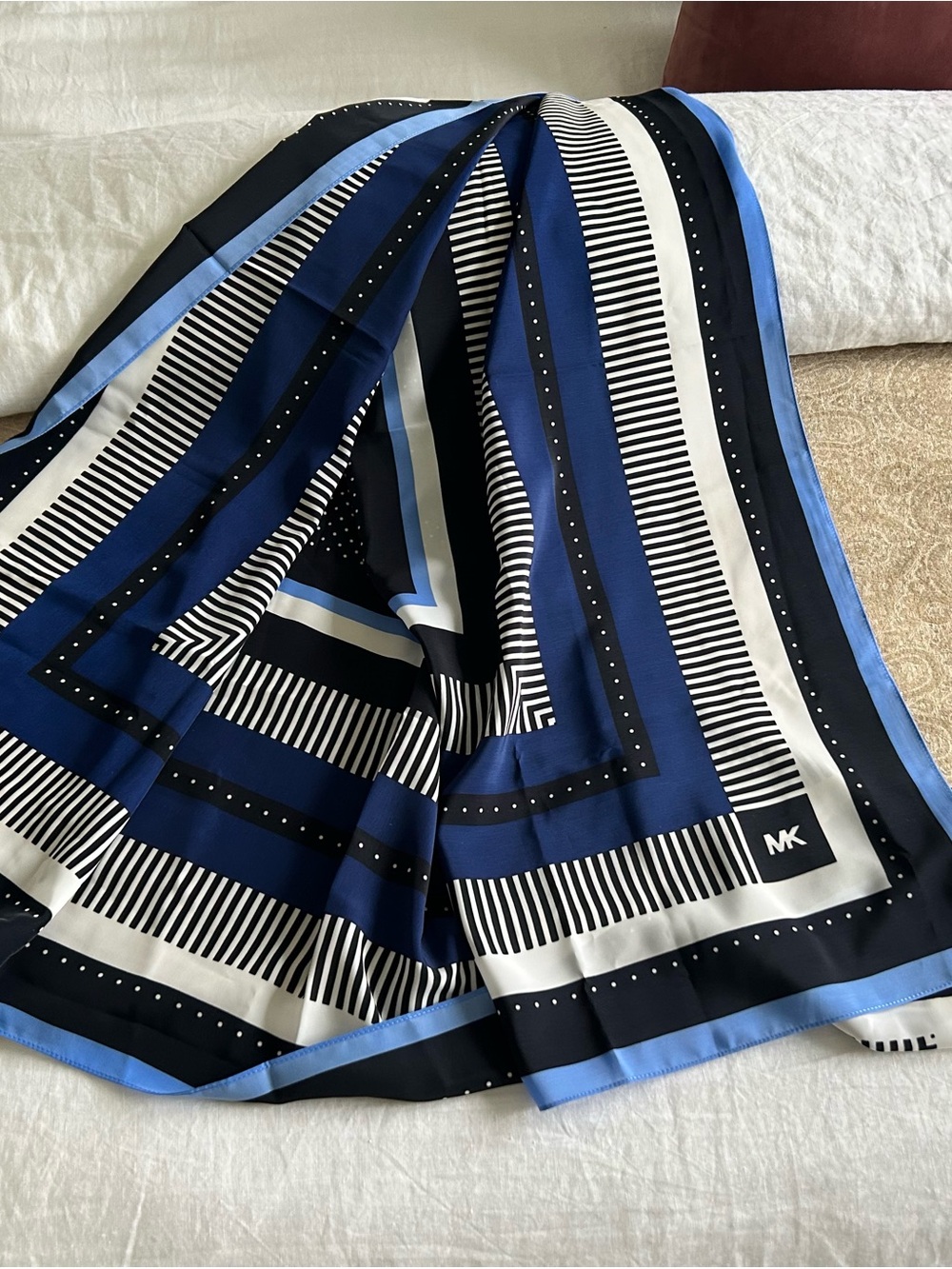 Michael Kors Blue, Navy, Black & White Striped Silk Pocket Square